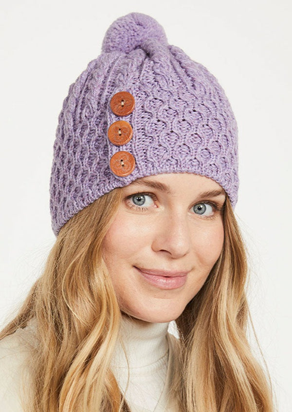 Aran Button Hat - Lilac