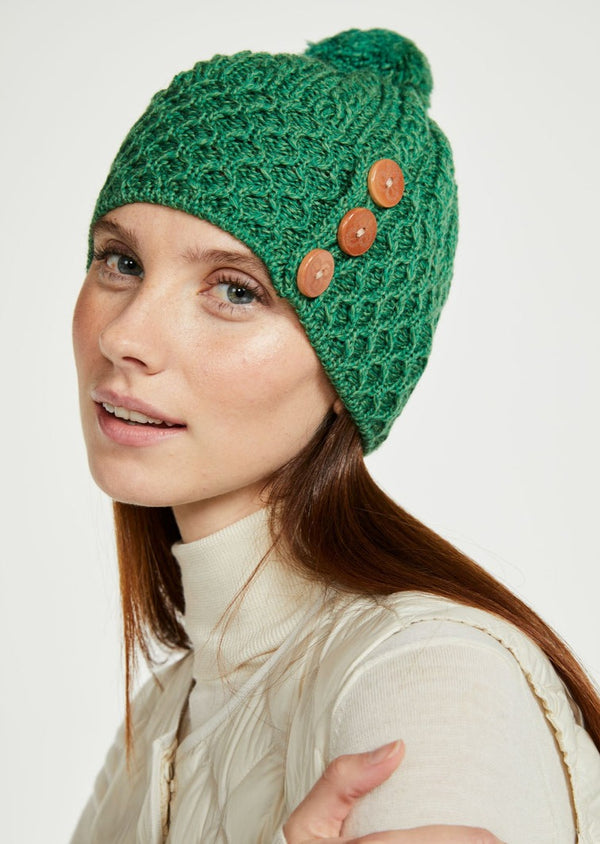 Aran Button Hat - Green
