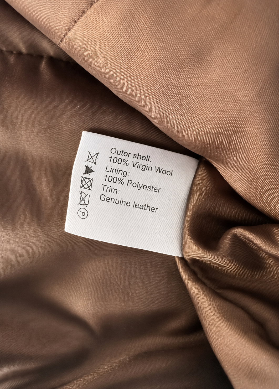 Clothing label on a brown fabric surface with material information.