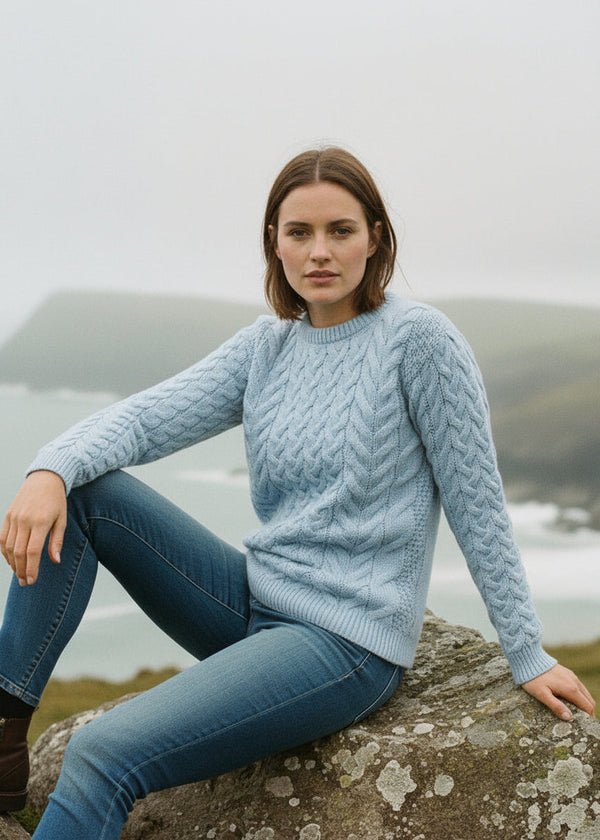Aran Crew Neck Supersoft Sweater Blue Sail