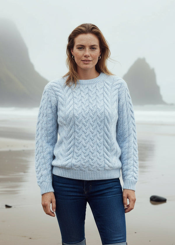 Aran Crew Neck Supersoft Sweater Blue Sail 