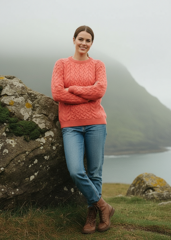 Aran Crew Neck Supersoft Sweater Coral 