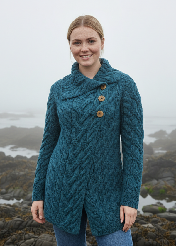 Aran 3 Buttoned Longline Cardigan | Irish Sea