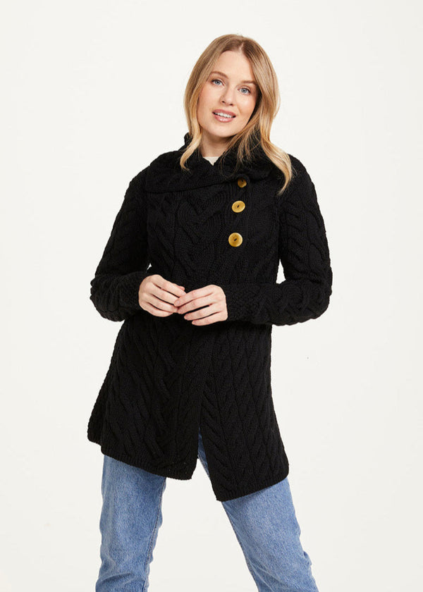 Aran 3 Buttoned Longline Cardigan | Black