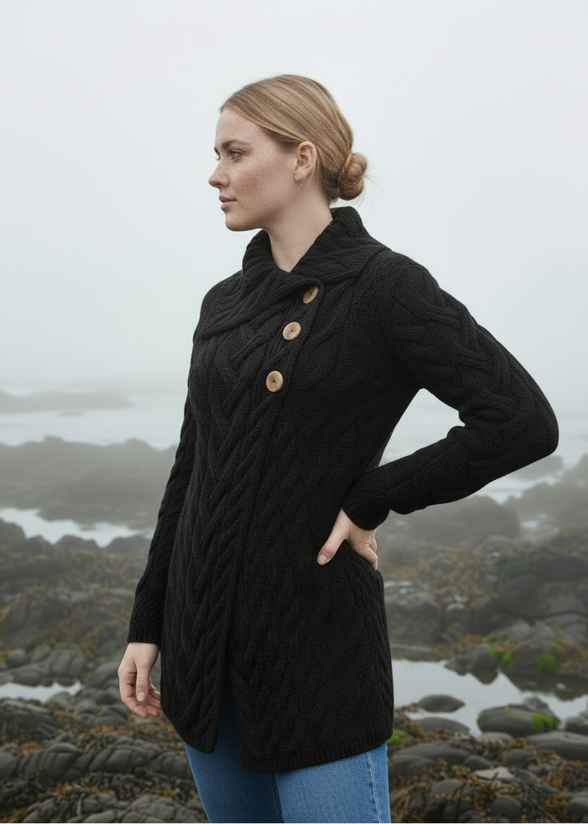 Aran 3 Buttoned Longline Cardigan | Black