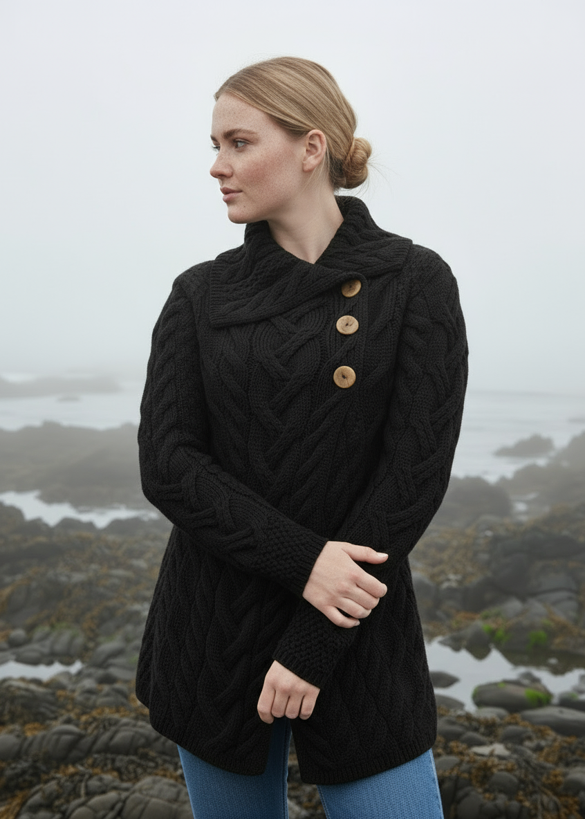 Aran 3 Buttoned Longline Cardigan | Black