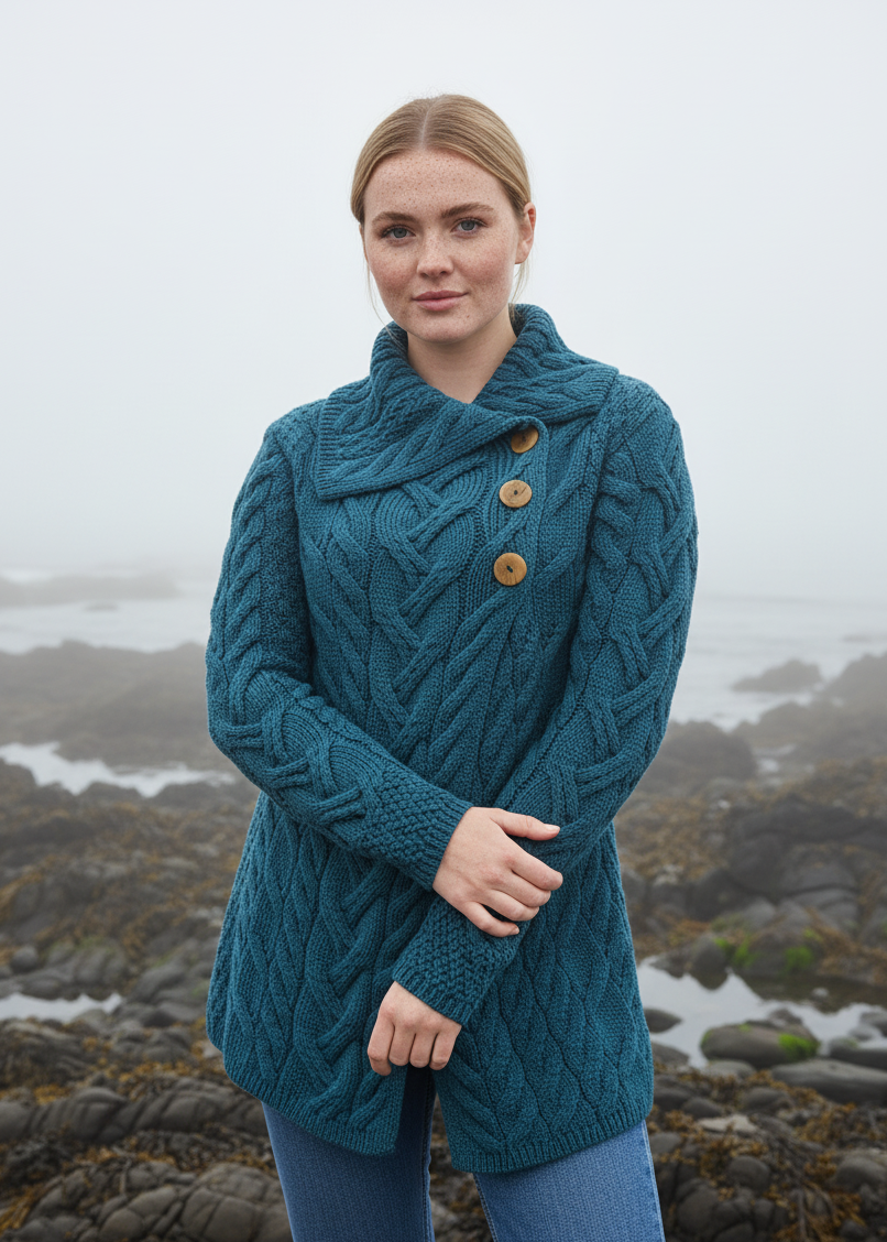 Aran 3 Buttoned Longline Cardigan | Irish Sea