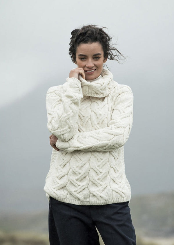 Aran Cowl Neck Chunky Sweater - Natural