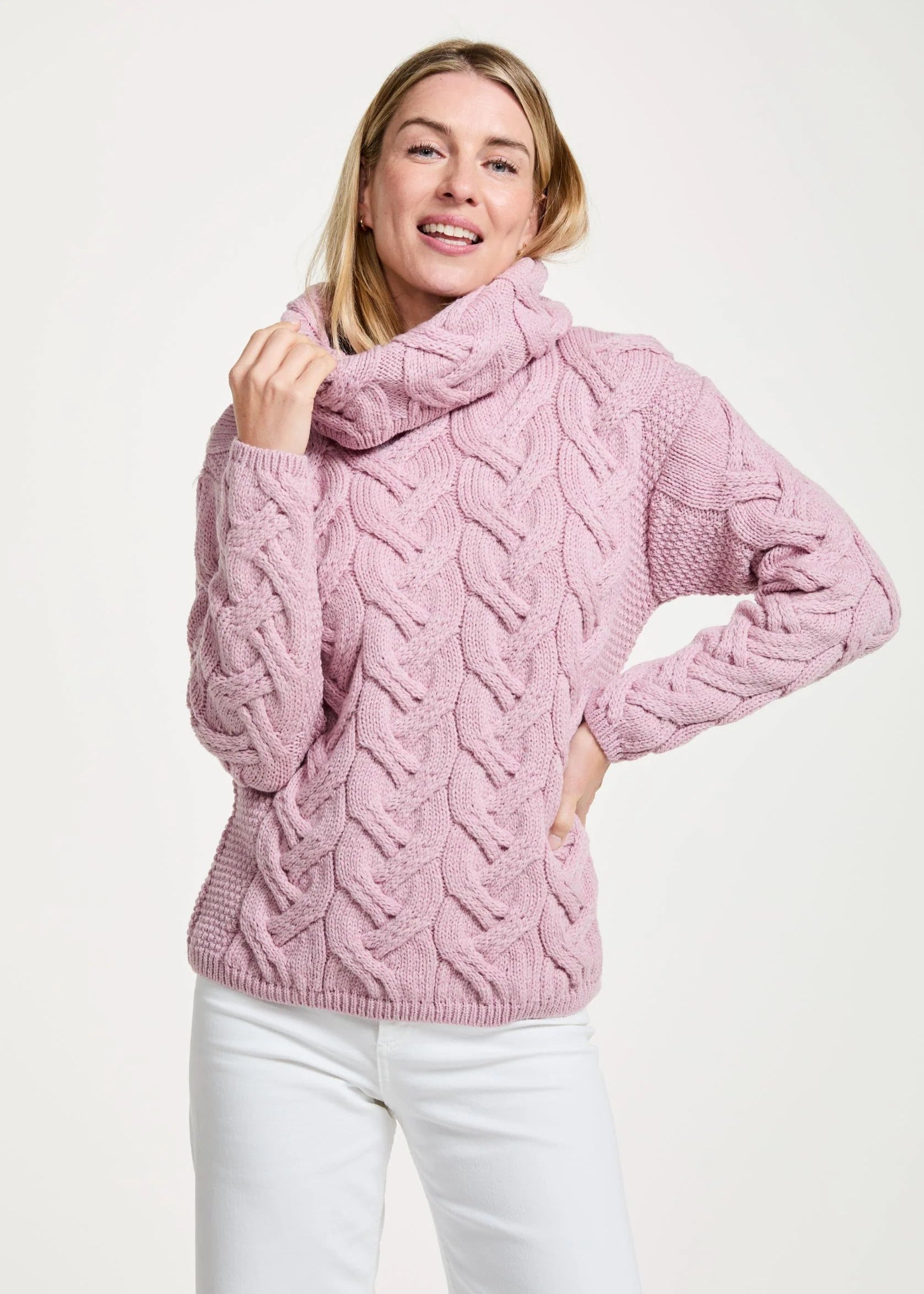 Women's Aran Cowl Neck Chunky Sweater | Pink
