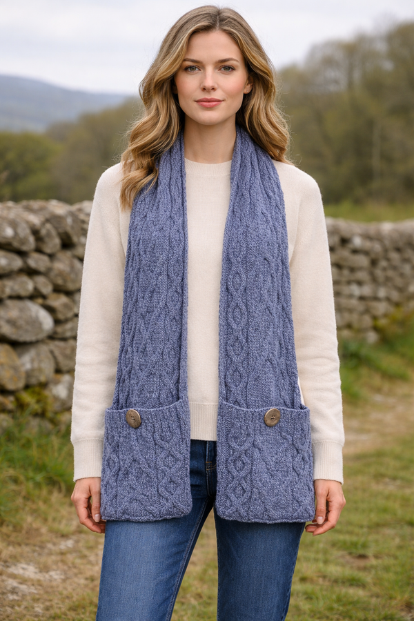 Aran Pocket Scarf | Denim Blue | 100% Merino Wool | Irish Knitwear