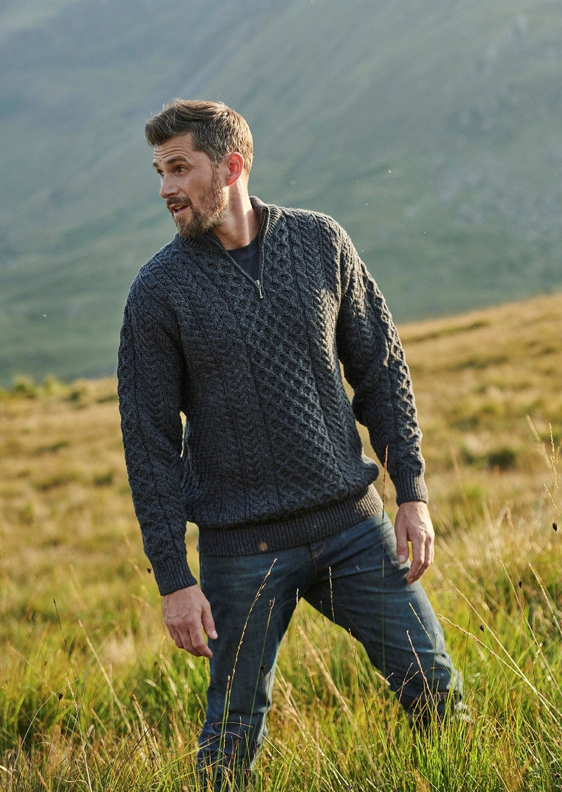 Ballycroy Mens Aran Half Zip Sweater | Charcoal