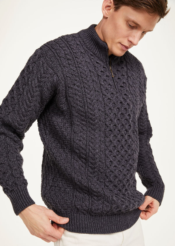 Ballycroy Mens Aran Half Zip Sweater - Charcoal