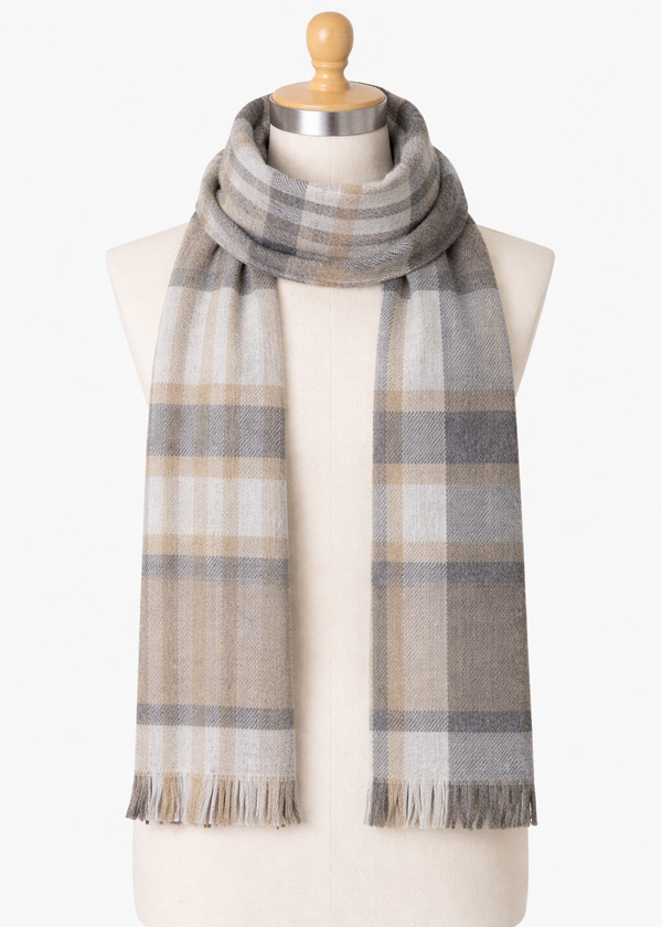 Foxford Fine Wool Cashmere Blend Scarf | Grey Beige Check