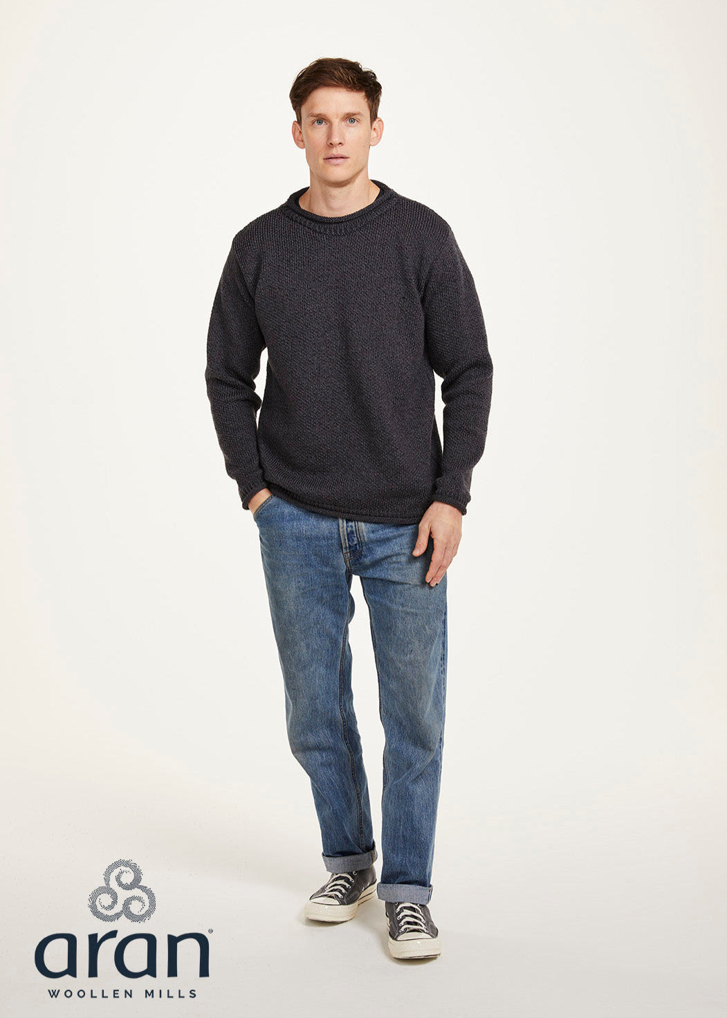 Aran Roll Neck Sweater | Charcoal