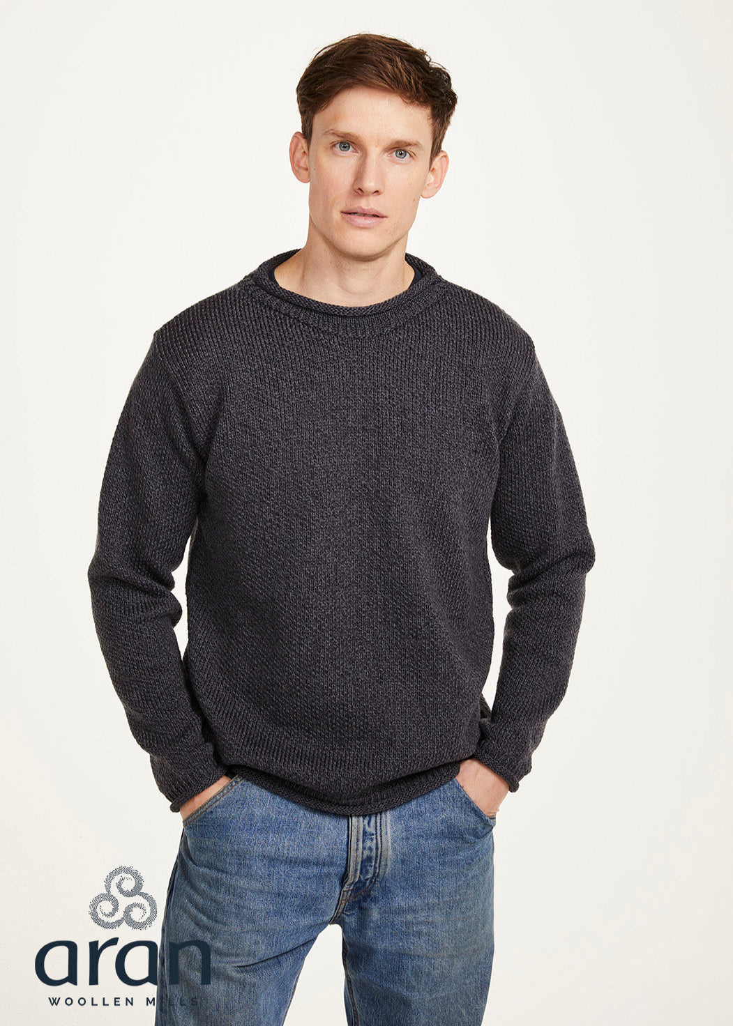 Aran Roll Neck Sweater | Charcoal