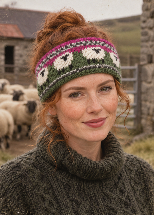 Erin Aran Sheep Headband | Pink & Dark Green