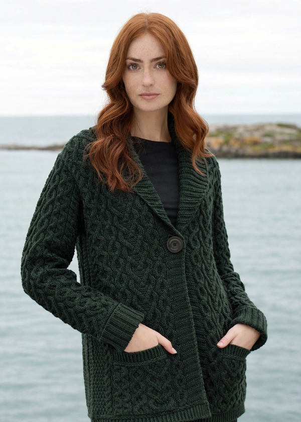 One Button Merino Wool Aran Hearts Cardigan | Cedar
