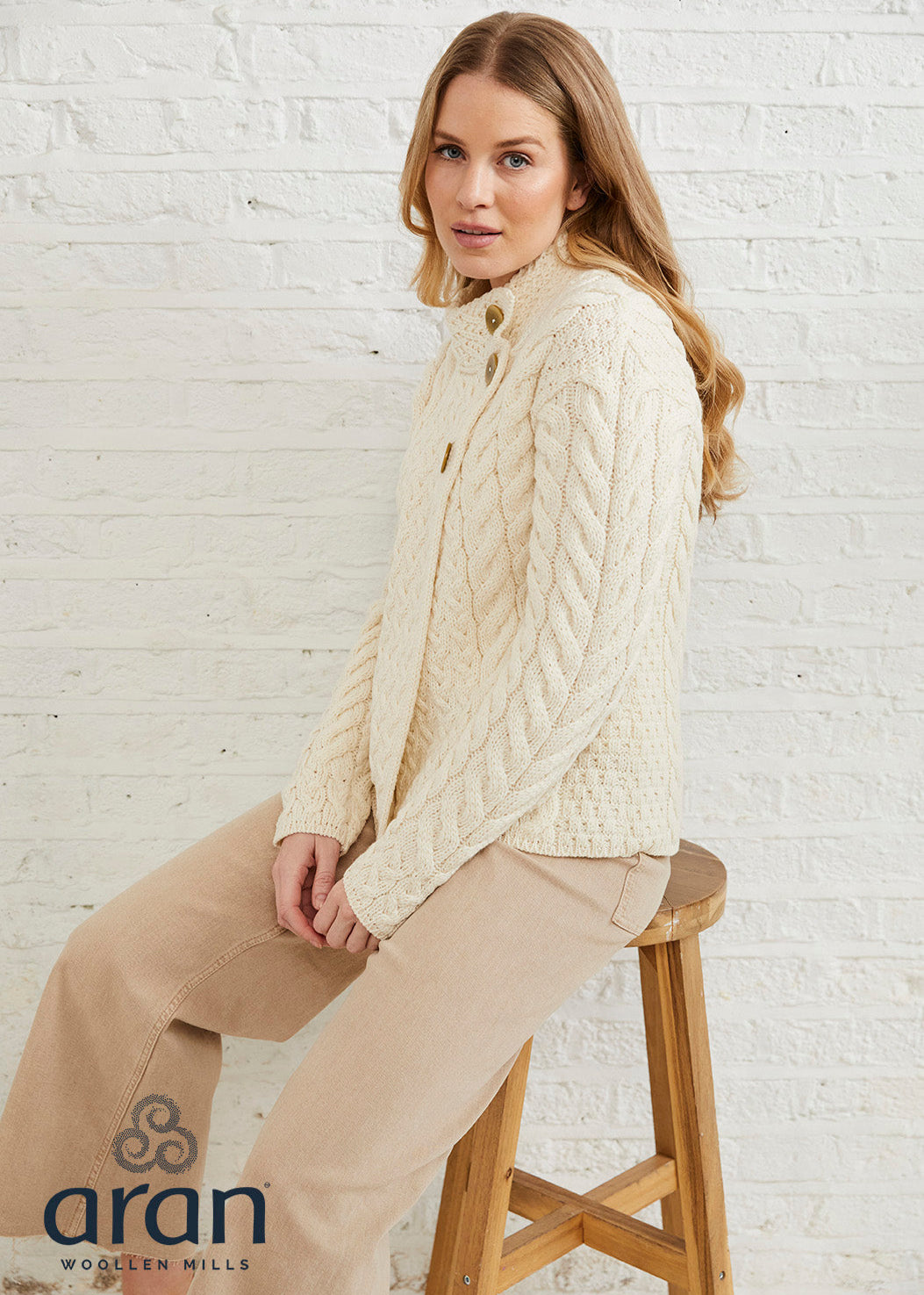 Aran 3 Buttons Trellis Cardigan | Natural