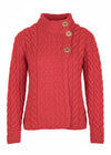 A red cable-knit mock-neck sweater with three wooden buttons, shown against a plain white background.