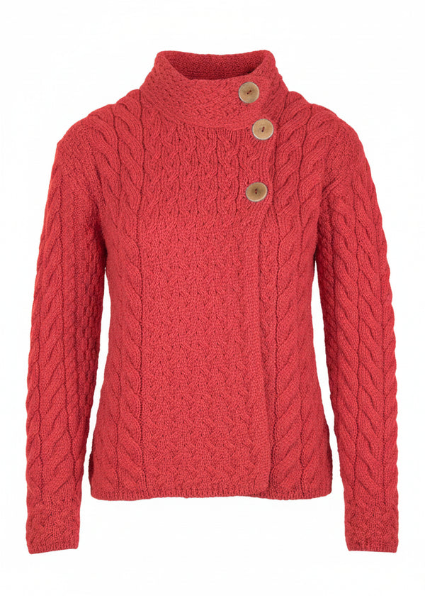 A red cable-knit mock-neck sweater with three wooden buttons, shown against a plain white background.