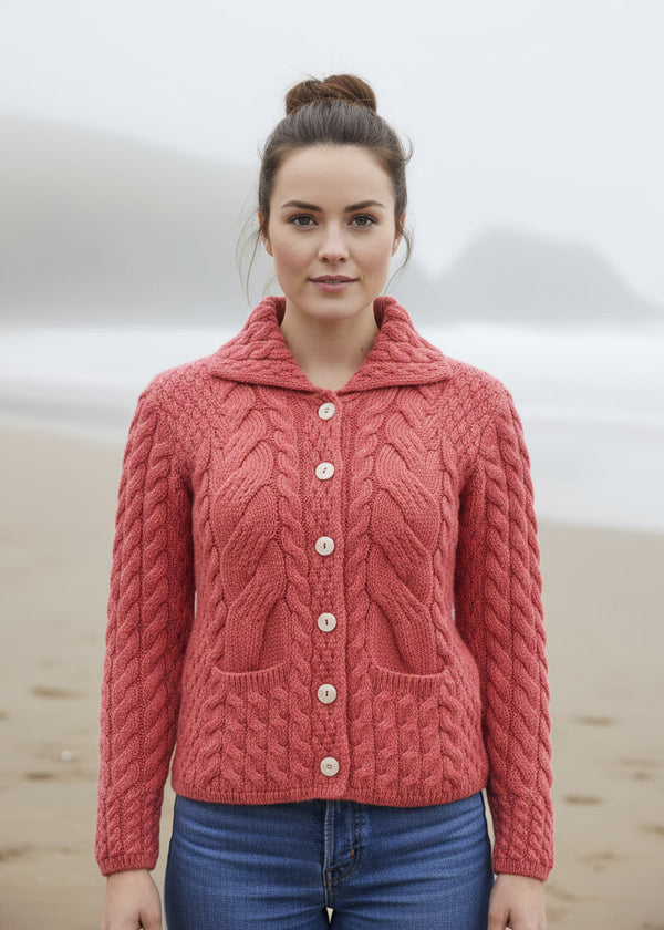 Belcarra Ladies Aran Cardigan | Coral