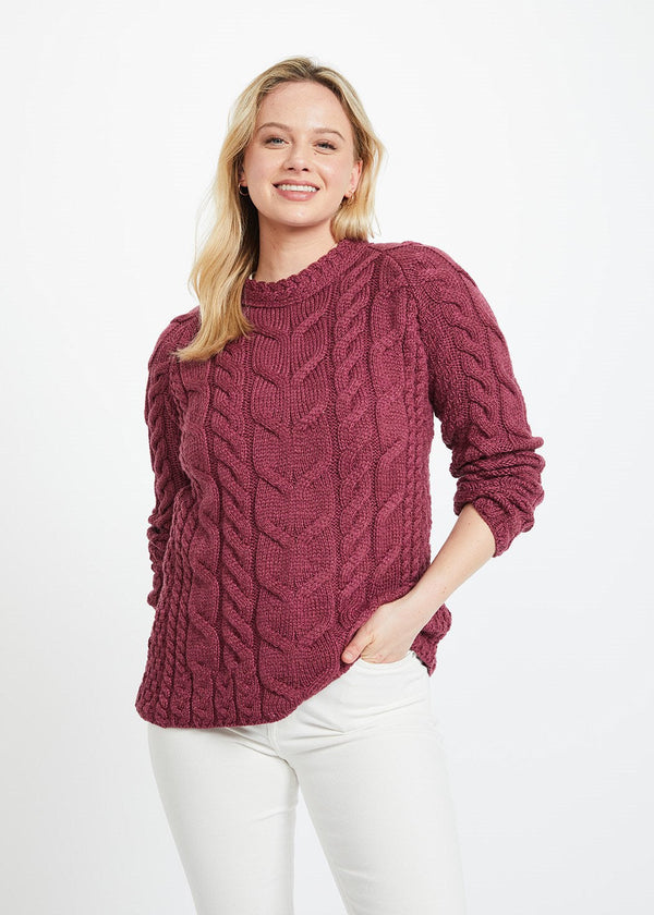 Women's Listowel Aran Cabled Sweater | Raspberry - Clearance