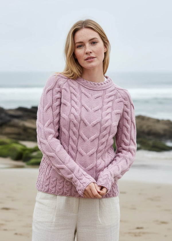 Listowel Ladies Aran Cabled Sweater | Pink