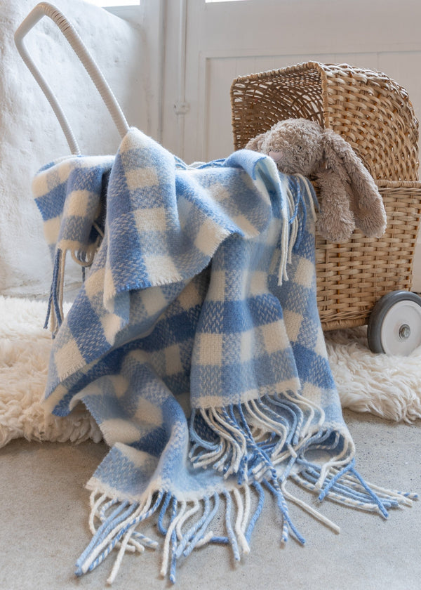 Irish Cashmere Baby Blanket Blue Block Check in a presentation box.