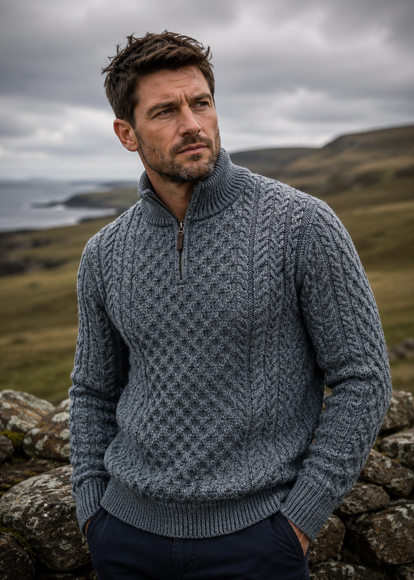 Aran Cable Knit Half Zip Sweater - 100% Merino Wool | Slate