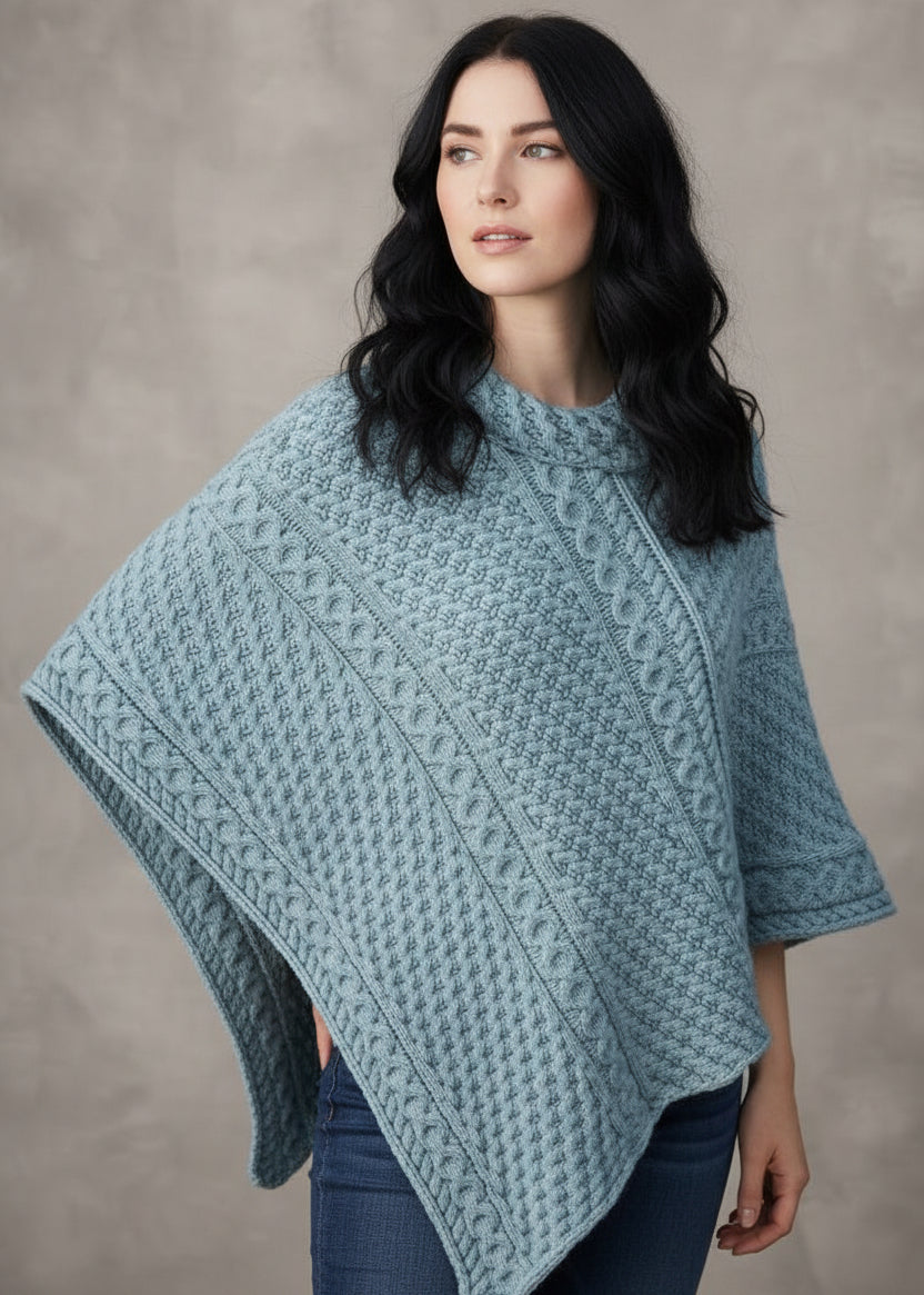 Aran Merino Wool Cowl Poncho | Aqua