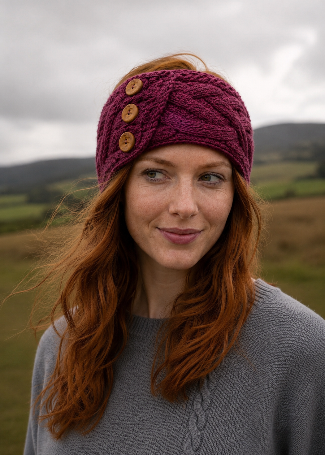 Women's Aran Button Headband | Raspberry