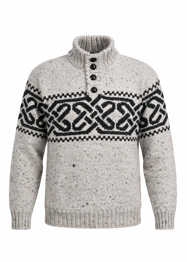 Men's Celtic Pattern Troyer Sweater | 100% Wool | Oatmeal