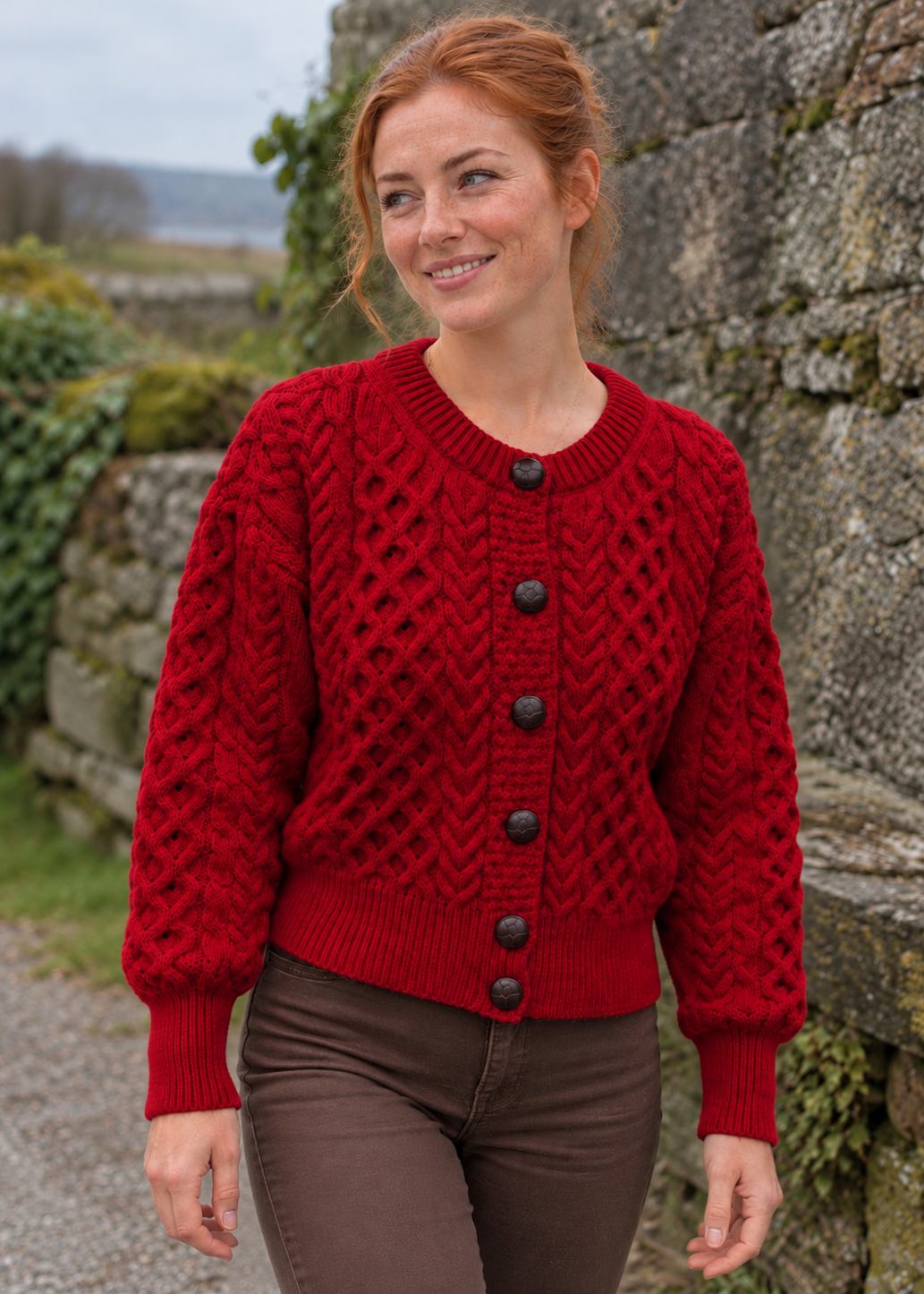 Ladies Merino Cropped Classic Aran Cardigan | Red