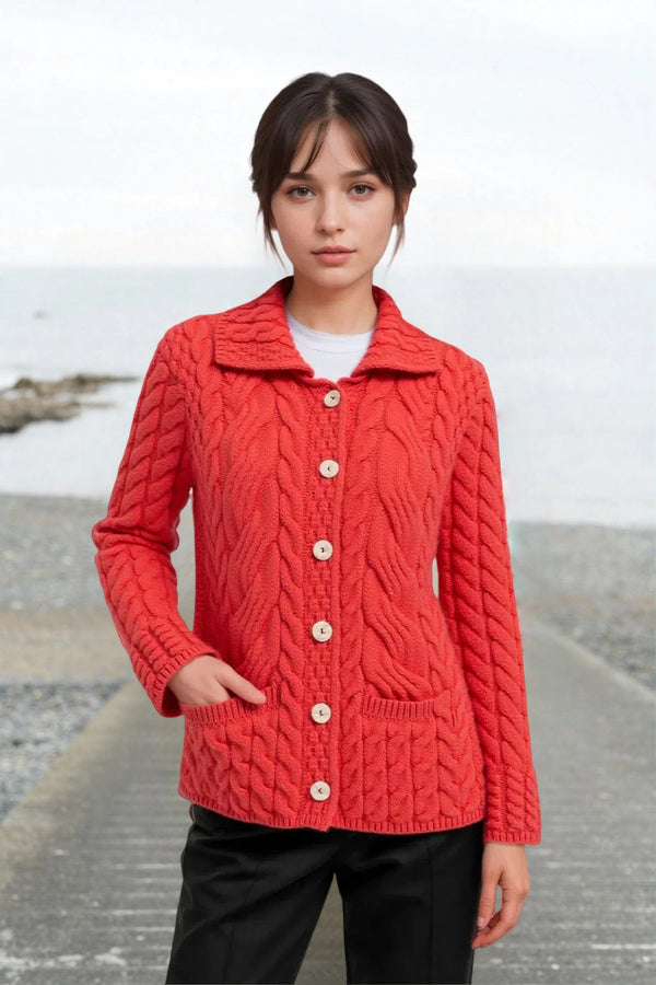 Belcarra Ladies Aran Cardigan | Coral