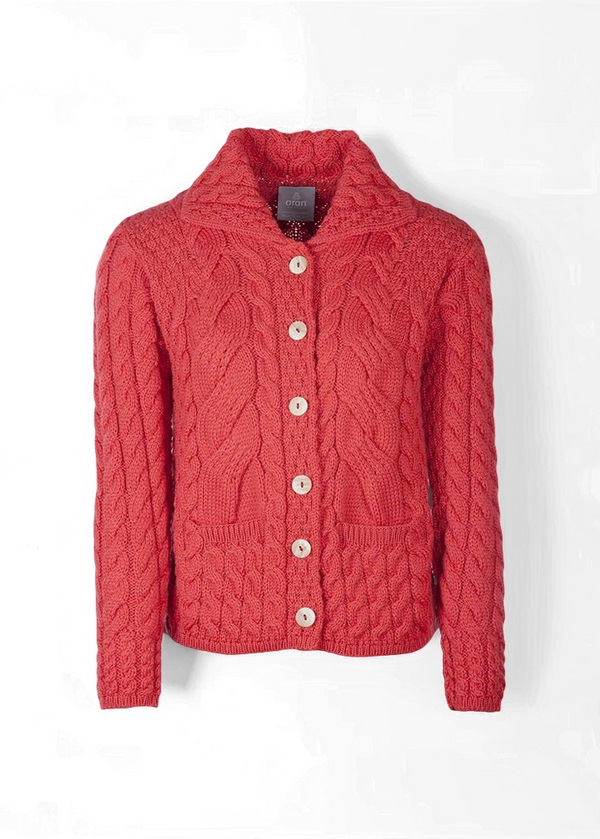 Belcarra Ladies Aran Cardigan | Coral 