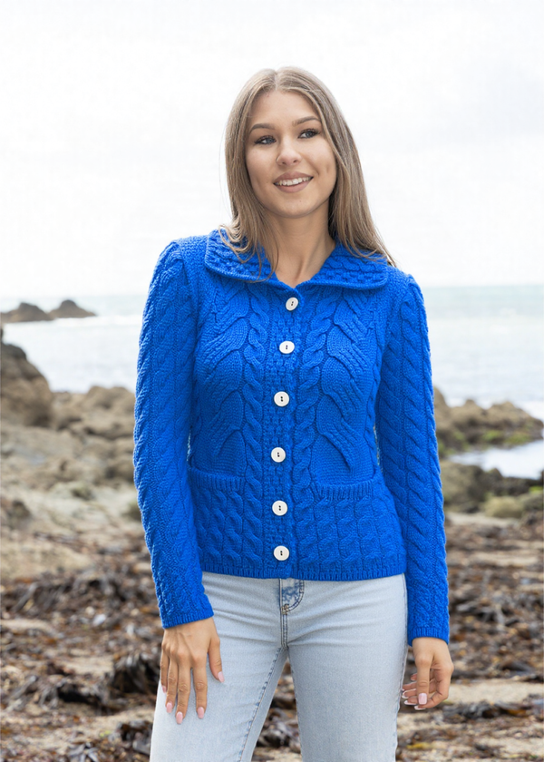 Belcarra Ladies Aran Cardigan | Smurf Blue