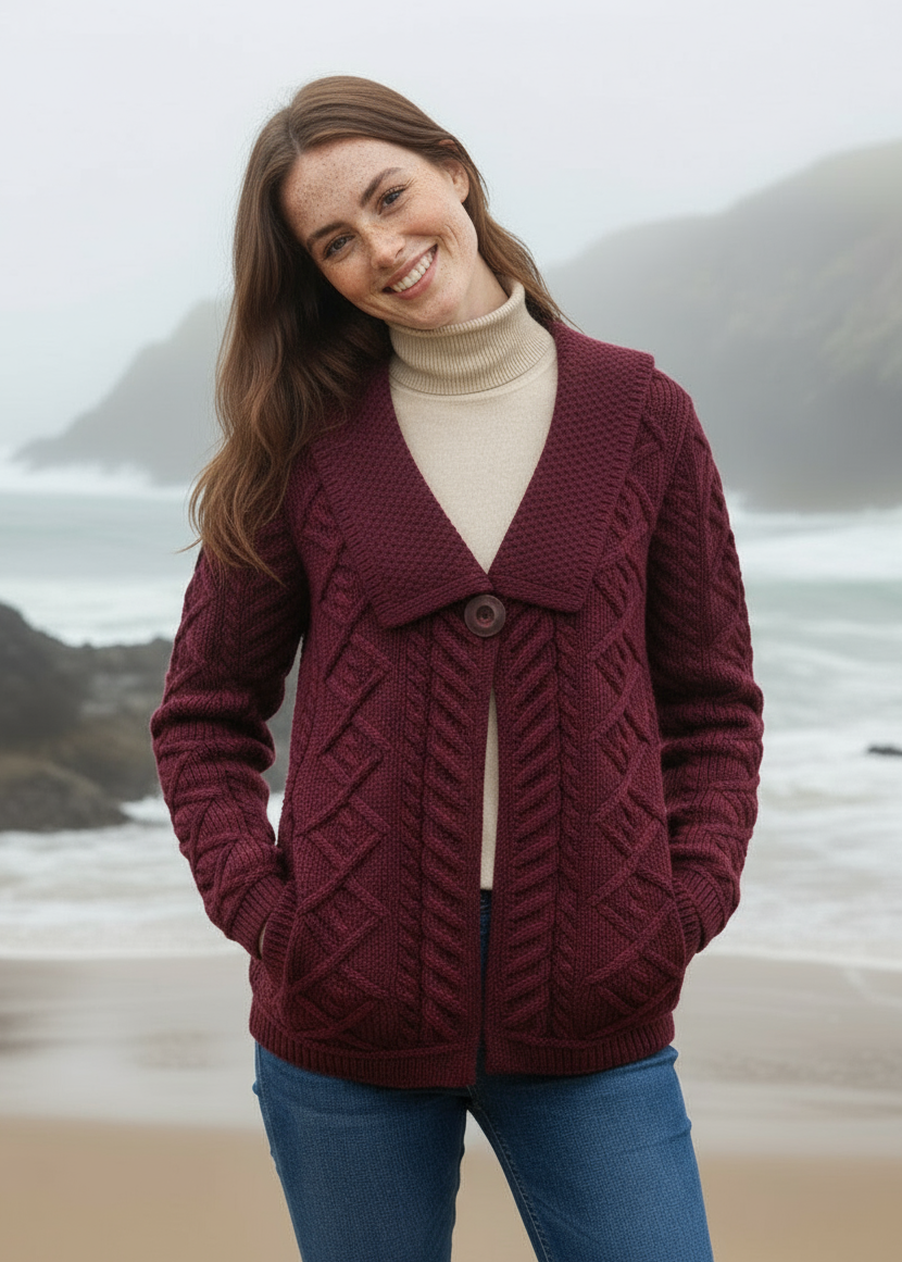Beltra One Button Aran Cardigan | Wine