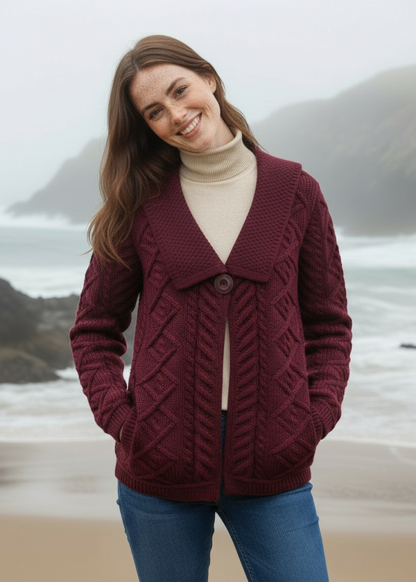 Beltra One Button Aran Cardigan | Wine
