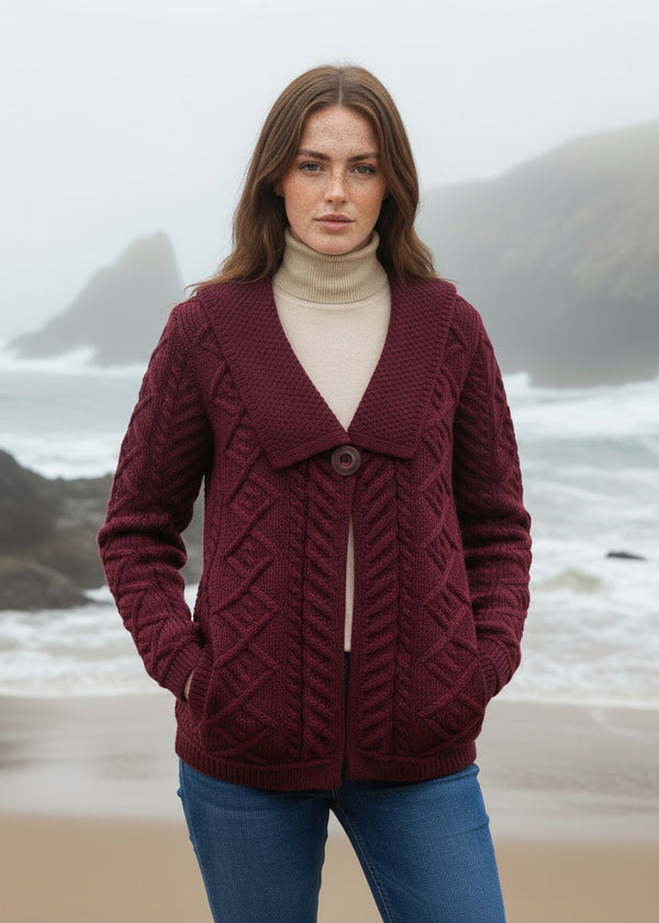 Beltra One Button Aran Cardigan | Wine