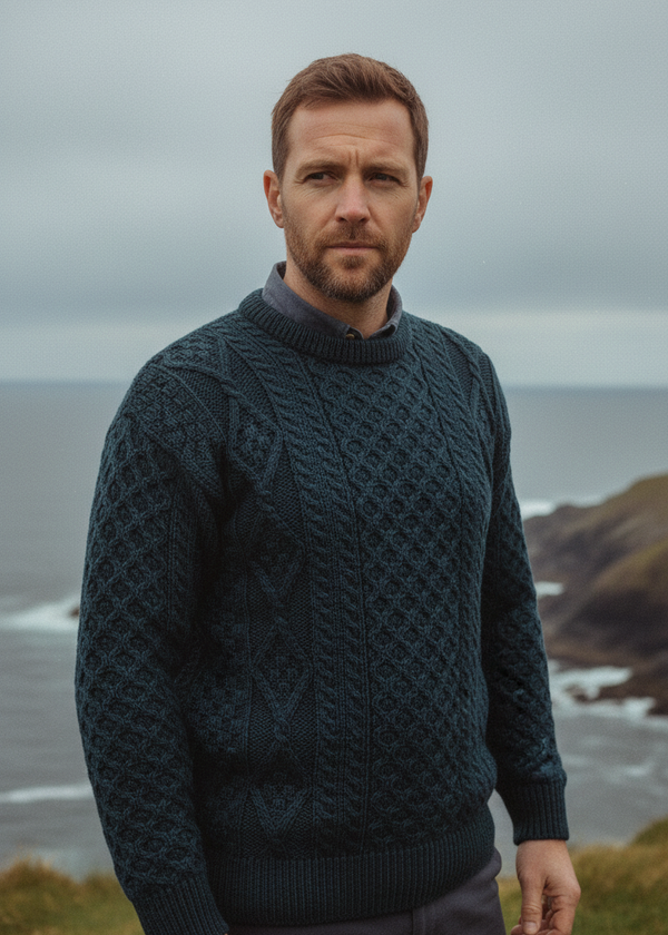 Blackwatch Irish Wool Aran Sweater | Navy Green Mix | Unisex