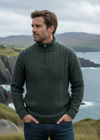 Aran Cable Knit Half Zip Sweater | 100% Merino Wool | Green