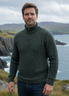 Aran Cable Knit Half Zip Sweater | 100% Merino Wool | Green