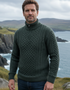 Aran Cable Knit Half Zip Sweater | 100% Merino Wool | Green