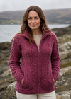 Aran Crafts Double Collar Trinity Cardigan | Berry | 100% Merino Wool