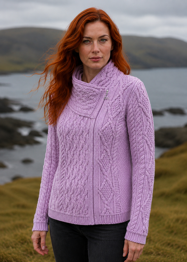 Aran Crafts Ladies Side Zip Cardigan | Sky Pink