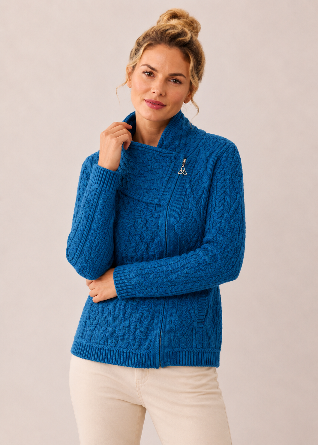 Aran Crafts Women's Bermuda Shannon Cable Knit Side Zip Merino Wool Jacket | Made in Ireland