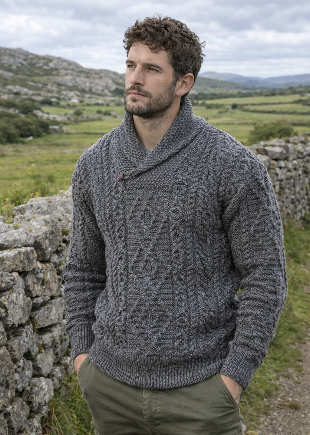 Aran Merino Wool Shawl Neck Sweater | Slate