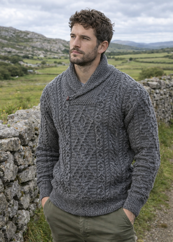 Aran Merino Wool Shawl Neck Sweater | Slate