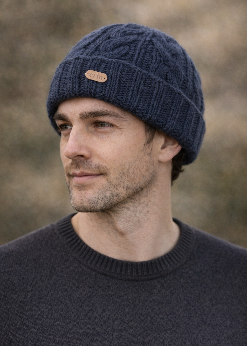 Erin Aran Cable Turnup Hat | Navy Blue Wool