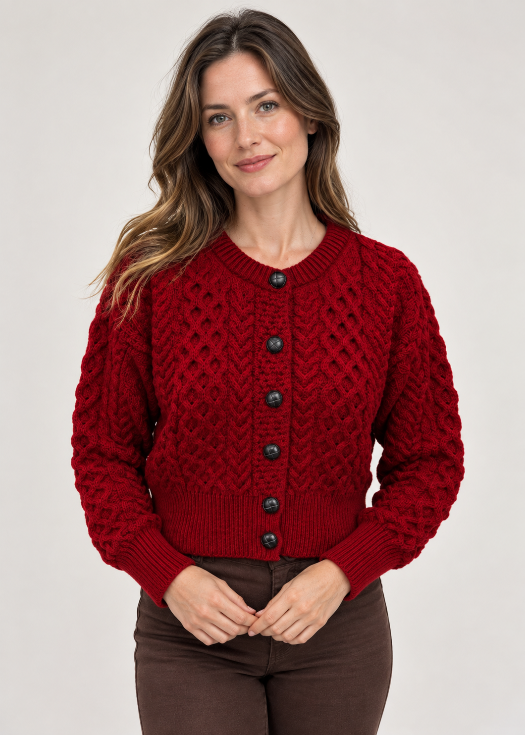 Ladies Merino Cropped Classic Aran Cardigan | Rich Red